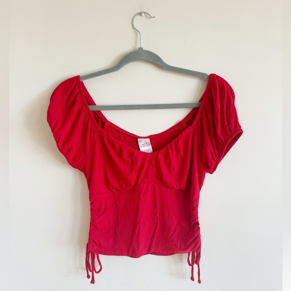 Vibrant Red Ribbed Cropped Blouse
